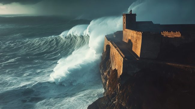 A photo of the Forte de São Miguel Arcanjo perched on top of a cliff in Nazaré, Portugal, during a storm with towering waves.